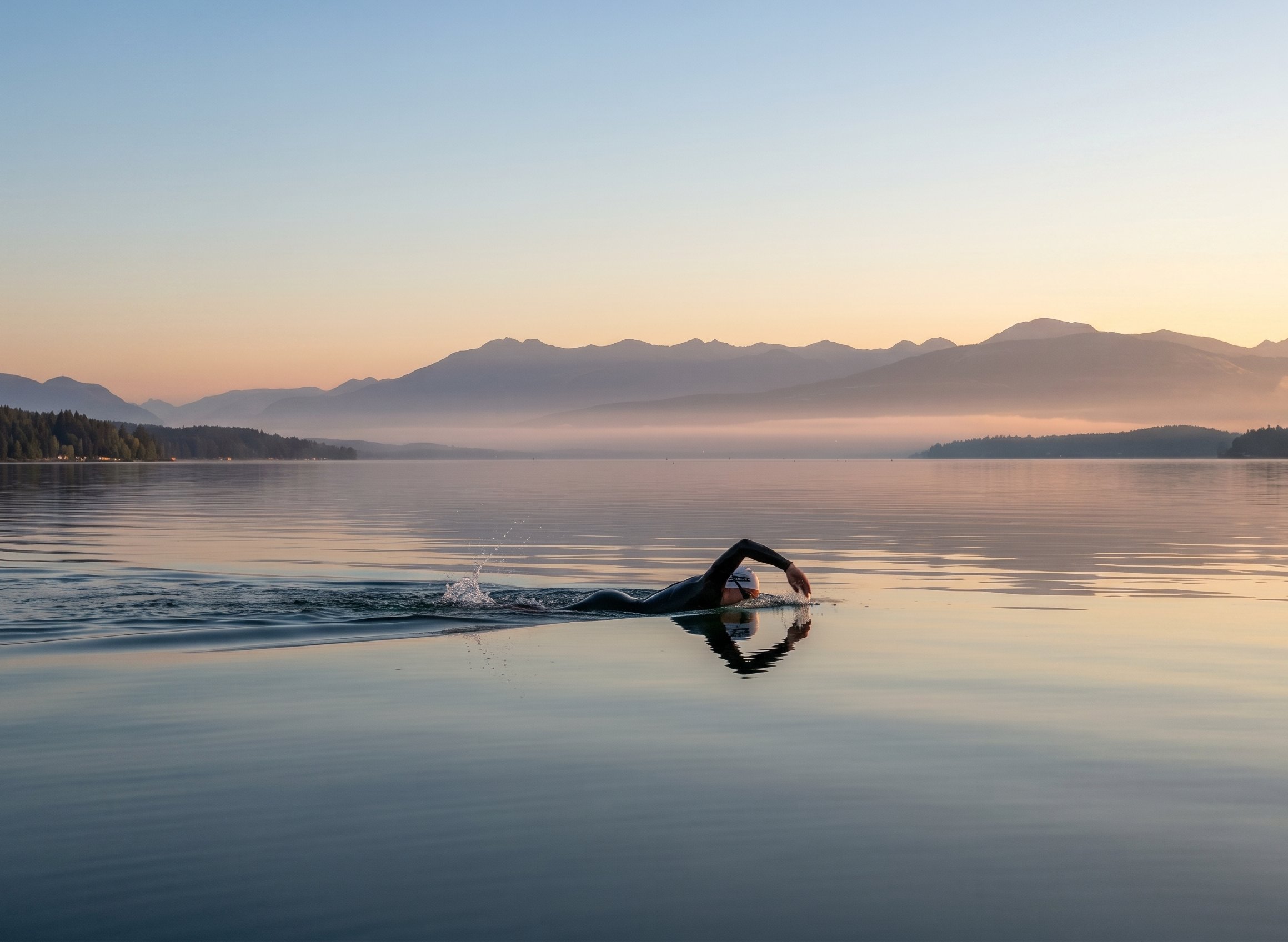 Nageur en eau libre sur le lac de Neuchâtel à l'aube, montagnes en arrière-plan